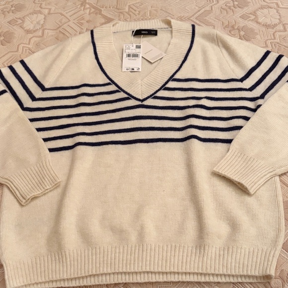 Mango Ivory and Navy V-neck Striped Sweater/NWT/L - Picture 8 of 15